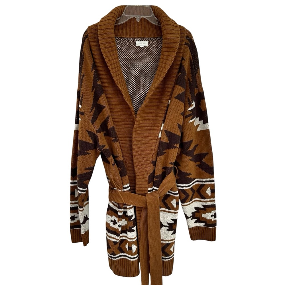 LUCKY BRAND Aztec Pattern Brown Cream Tie Waist Cardigan Sweater 2X